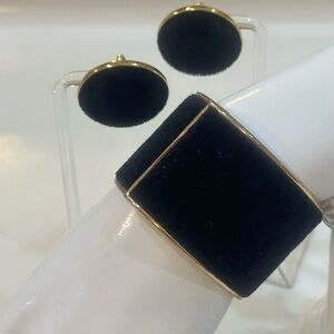 Luxury Black Velvet Gold Trim Wide Cuff & Matching Disk Earrings